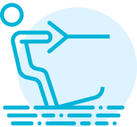 Stick figure water skiing on blue circle.