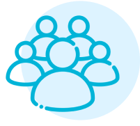 Icon of group of people, blue outline.